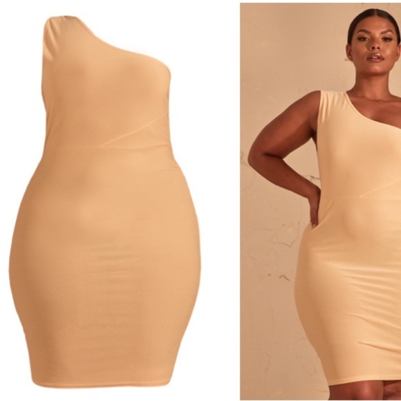 NWT PRETTYLITTLETHING Nude Plus One Shoulder Slinky Bodycon Mini Dress - Picture 5 of 11